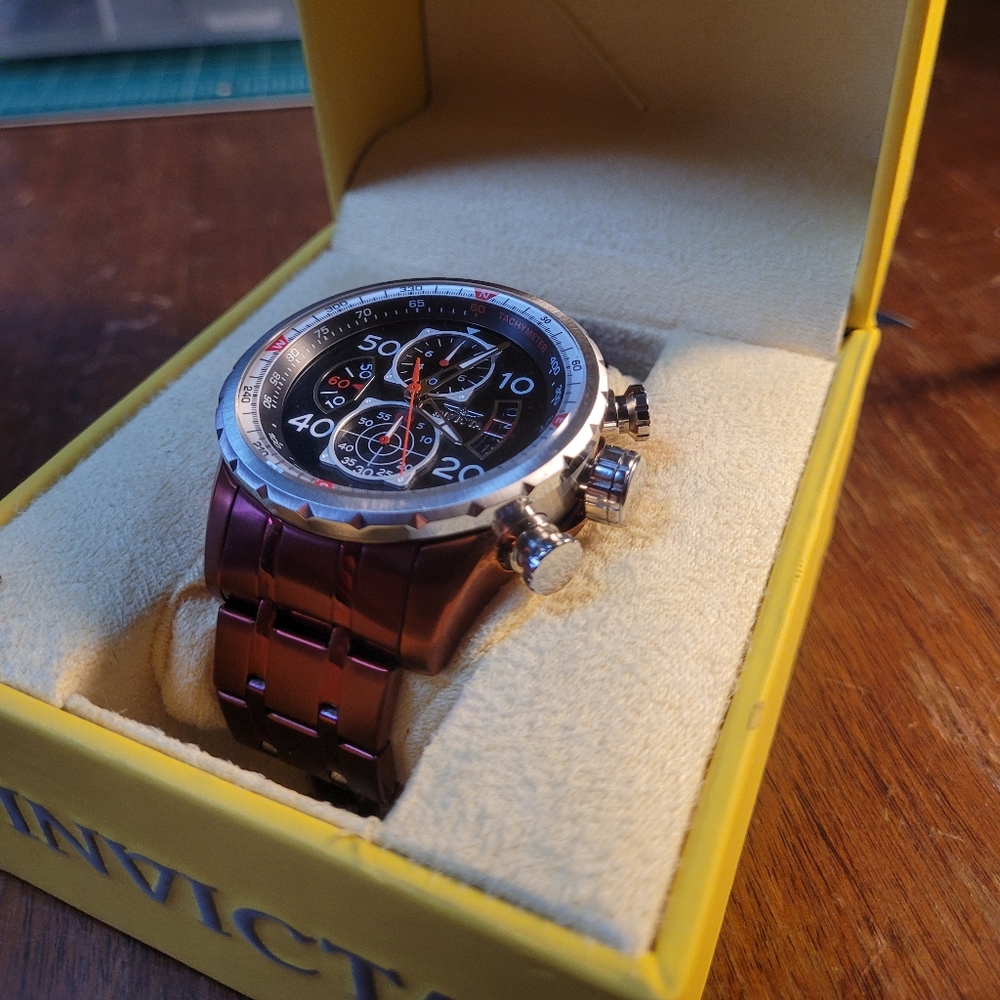 Men's Invicta Chronograph Aviator Series watch, Rust color band, black dial